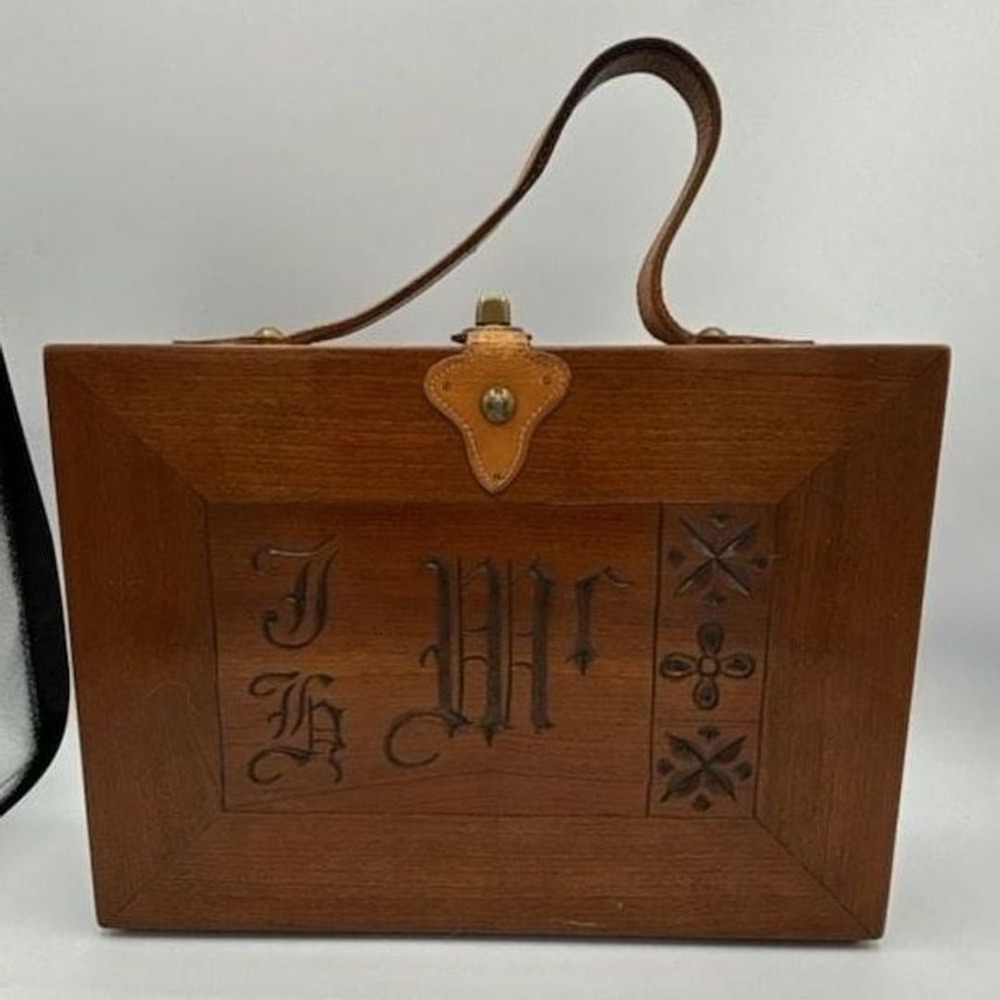 Vintage Hand-Carved Wooden Vanity Clutch Box with Mirror and Leather Handle